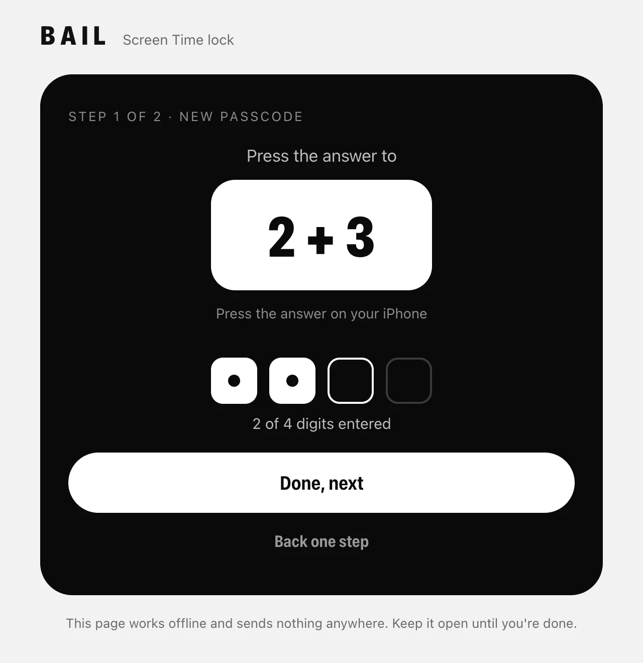 usebail.com/lock: press the answer to 2 + 3, two of four digits entered